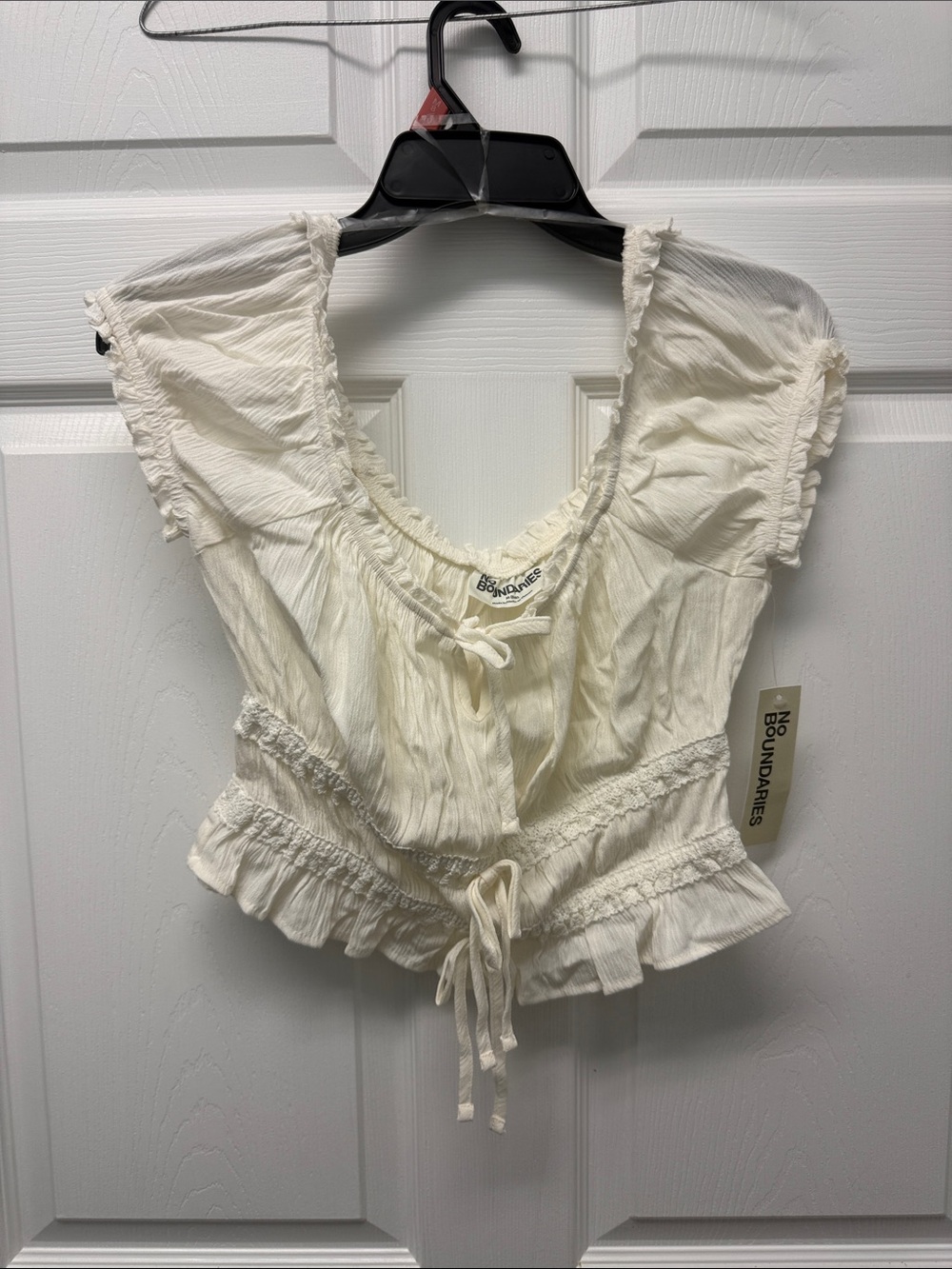 No Boundaries Cream Ruffle Tie-Front Peplum Crop Top